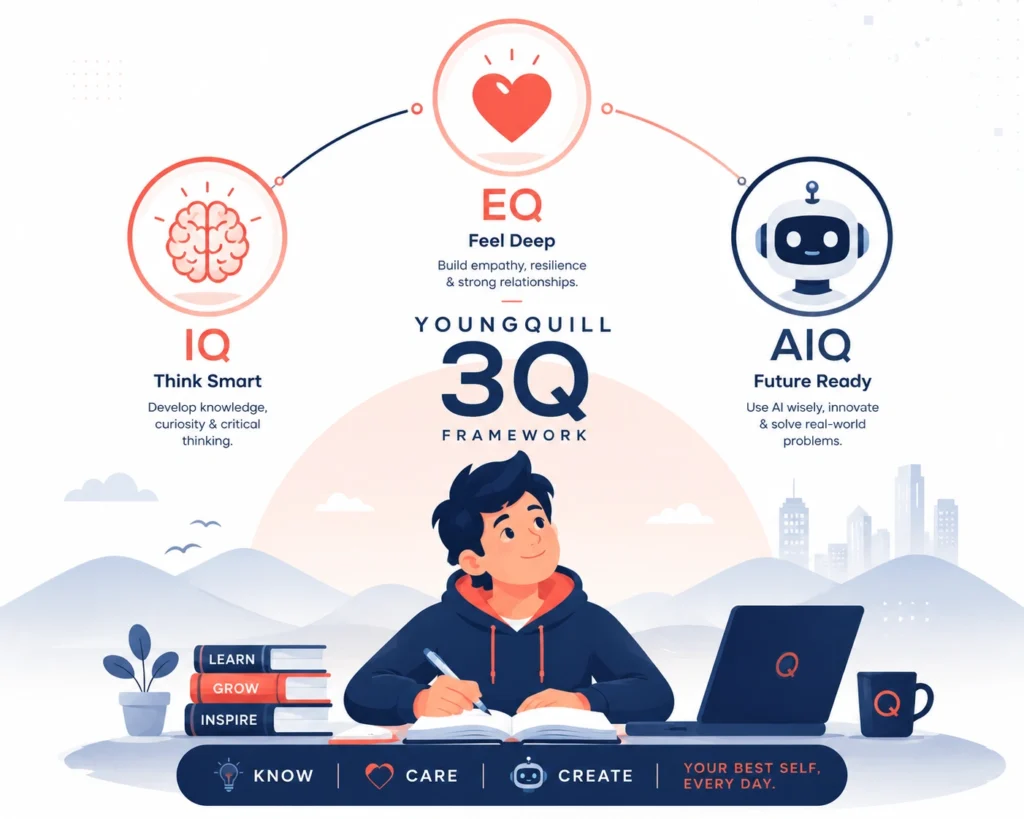 Young learner surrounded by symbols of IQ, EQ and AIQ, representing curiosity, life skills, creativity, artificial intelligence and lifelong learning.