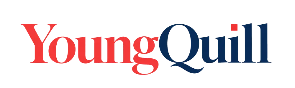 YoungQuill logo wordmark in coral-red and navy serif type