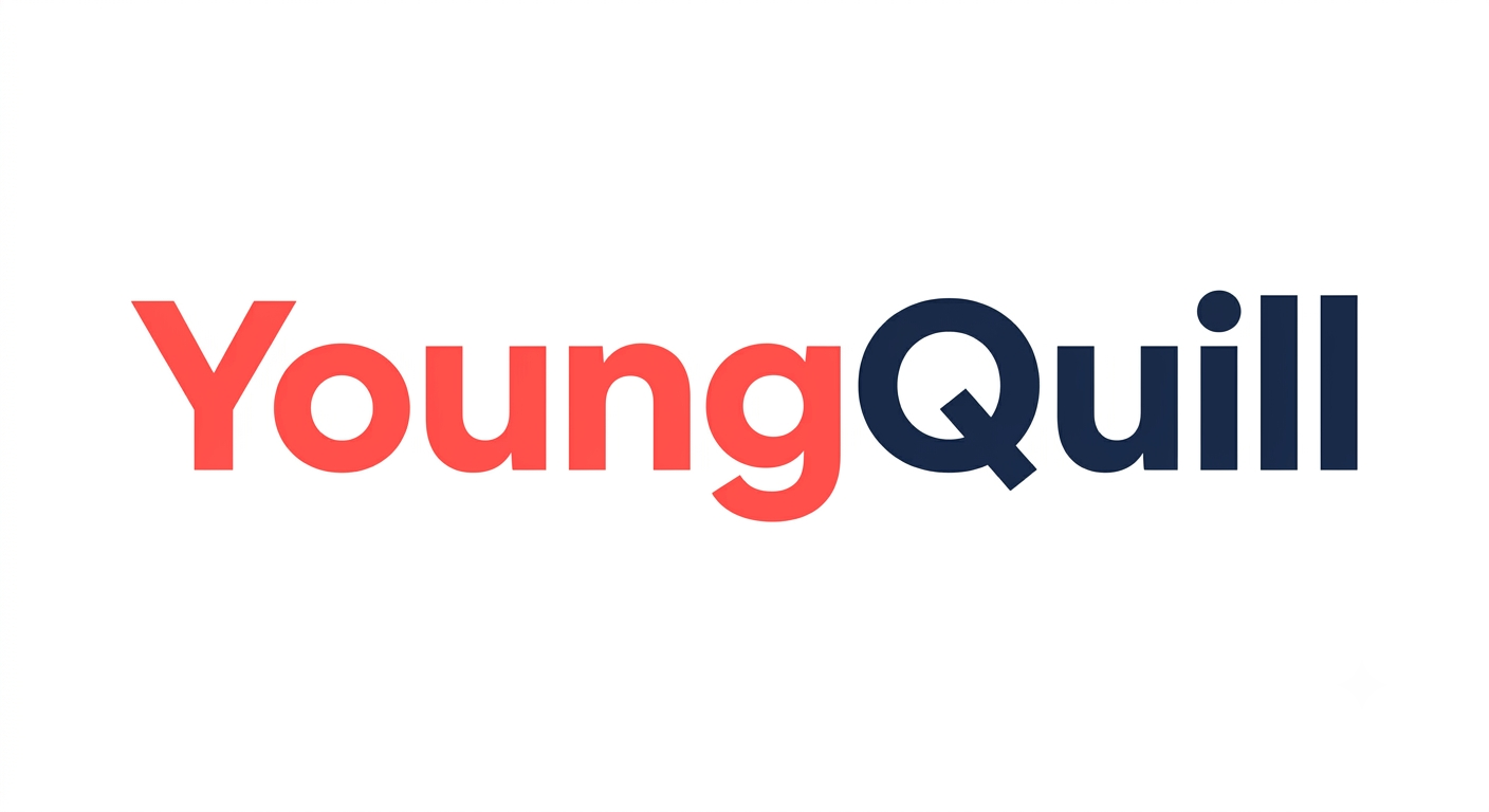 YoungQuill Logofeaturing a modern coral-red and navy-blue woodmark with distinctive stylized letter Q