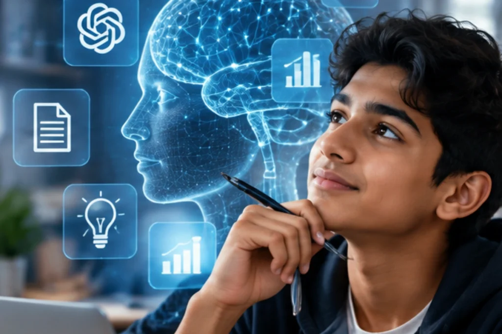 Young student thinking beside a glowing AI brain, representing AI-assisted learning and smarter thinking.