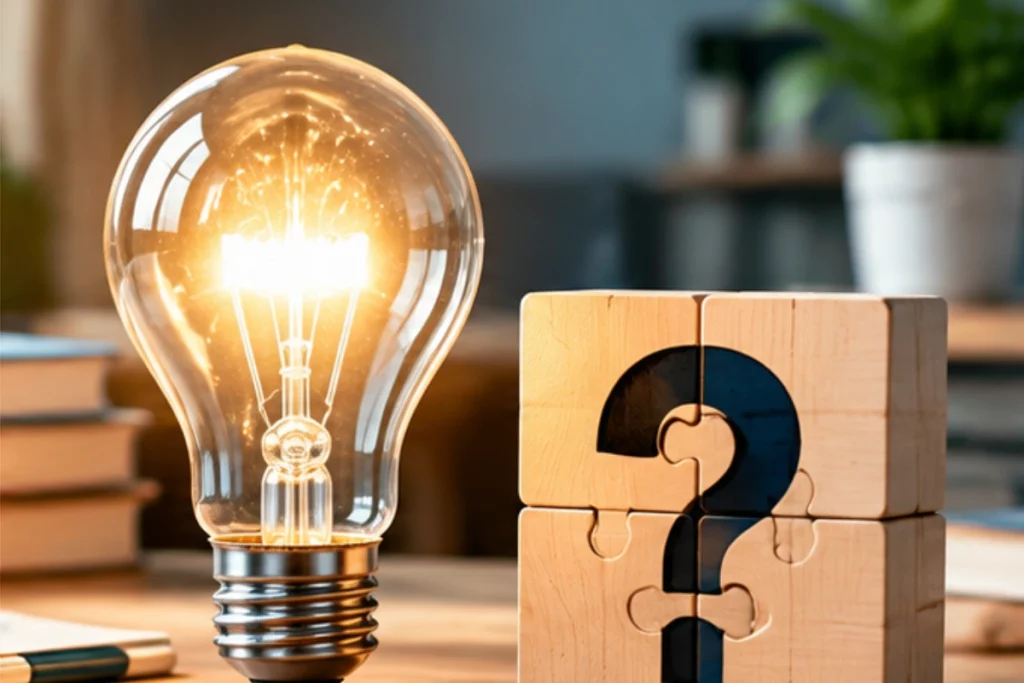 Glowing light bulb beside wooden puzzle blocks with a question mark, representing a thinking challenge.