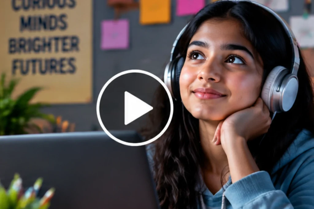 Young student wearing headphones and looking thoughtfully at a laptop with a play button.